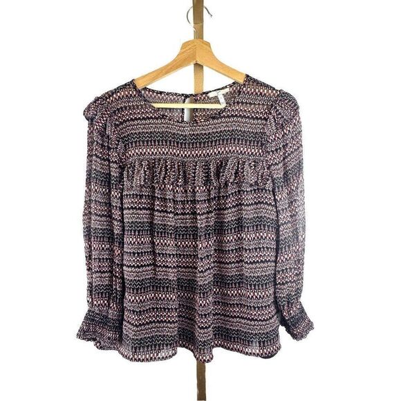Joie 100% Silk Long Sleeve Scoopneck Blouse Ruched Sleeves Abstract Print Sz S - Picture 1 of 9